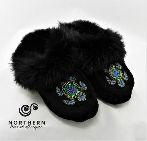 moccasins, slippers, beading, suede, leather, fur