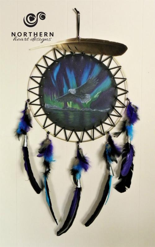 dreamcatcher, painted dreamcatcher, leather art, eagle feather