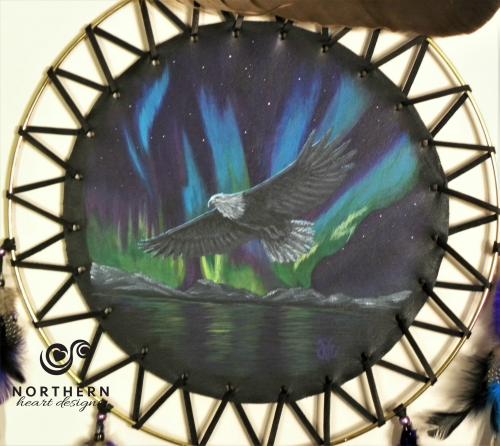 dreamcatcher, painted dreamcatcher, leather art, eagle feather