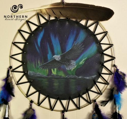 dreamcatcher, painted dreamcatcher, leather art, eagle feather