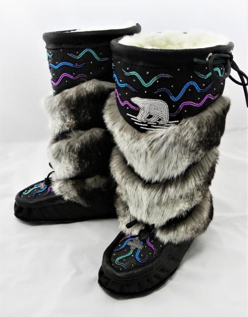 mukluks, beaded mukluks, leather fur mukluks, tiered fur mukluks