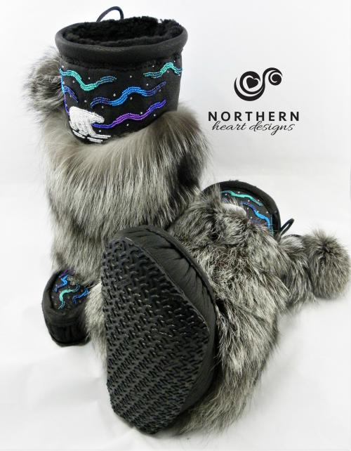 mukluks, beaded mukluks, leather fur mukluks, tiered fur mukluks