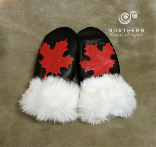 Canada mitts, leather mitts, leather applique, maple leaf