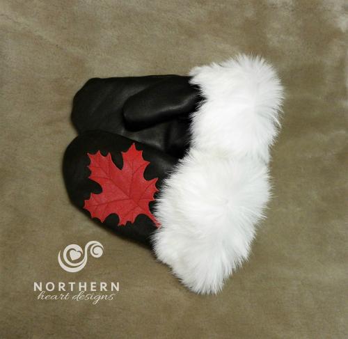 Canada mitts, leather mitts, leather applique, maple leaf