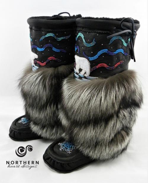 mukluks, beaded mukluks, leather fur mukluks, tiered fur mukluks