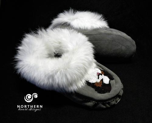 beaded moccasins, moccasin slippers, leather, fur, beading, handmade moccasins