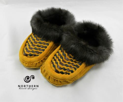 moccasins, slippers, leather weave, leather, fur