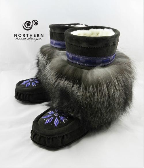 mukluks, beaded mukluks, mid-calf mukluks, leather, fur, beading, handmade