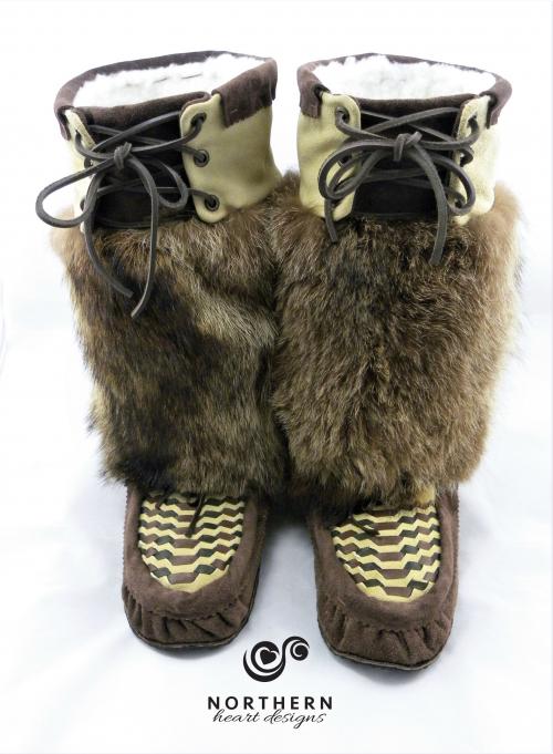 laced mukluks, feather beading, raccoon fur, leather, fur, mukluks