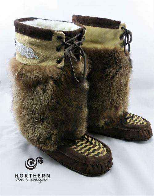 laced mukluks, feather beading, raccoon fur, leather, fur, mukluks