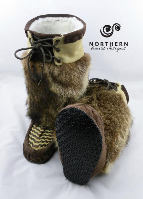 laced mukluks, feather beading, raccoon fur, leather, fur, mukluks