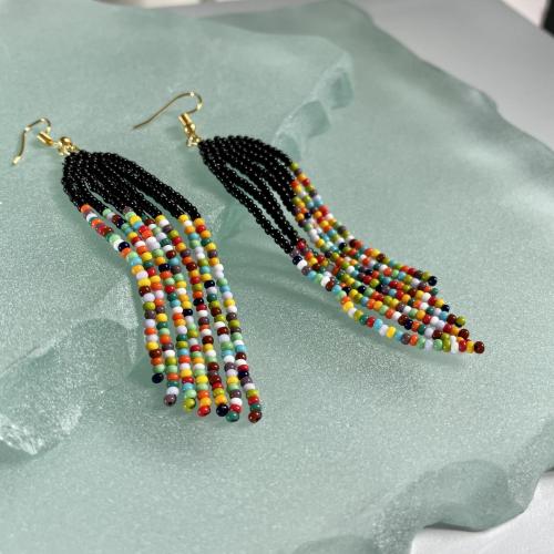 Rainbow with black beaded fringe  earrings 
