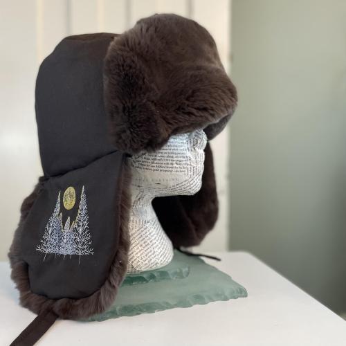 Rabbit Fur Trapper Hat with Forest Scene Embroidery - Large 