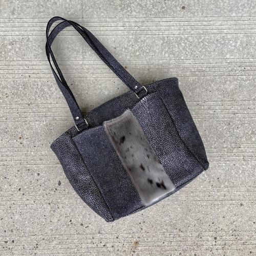 Metallic Silver and Charcoal Grey Leather Shoulder Bag with Sealskin Accent