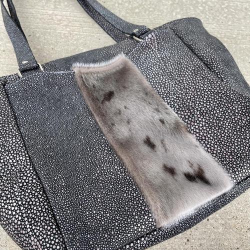 Metallic Silver and Charcoal Grey Leather Shoulder Bag with Sealskin Accent