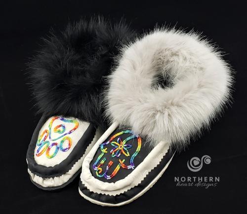 Vegan moccasin slippers with beading and faux fur