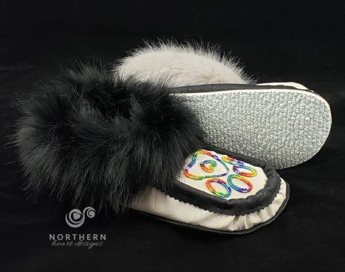 Vegan moccasin slippers with beading and faux fur