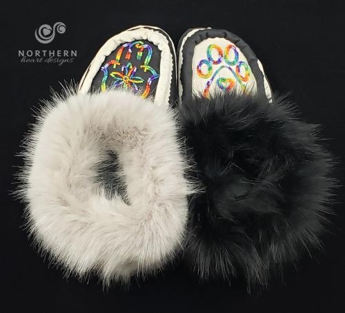 Vegan moccasin slippers with beading and faux fur