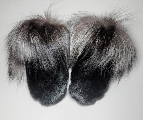 Black Seal Skin and silver Fox Fur trimmed mitts - Size Large