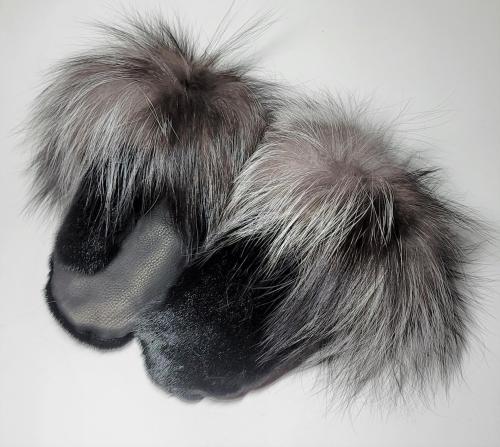 Black Seal Skin and silver Fox Fur trimmed mitts - Size Large