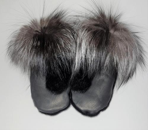 Black Seal Skin and silver Fox Fur trimmed mitts - Size Large