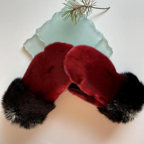 RED Seal Skin and Rabbit Fur trimmed mitts - Size Medium