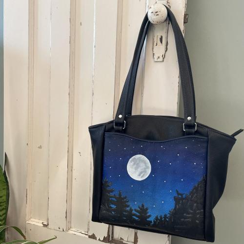 Full Moon Leather Shoulder Bag with Crystal Beaded Stars