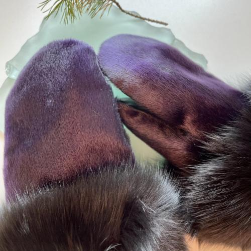 Purple Seal Skin and Fox Fur trimmed mitts - Size Medium