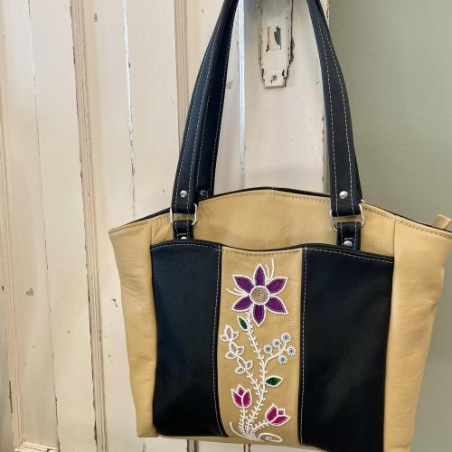  Two Tone Leather and Metis Floral Beaded Shoulder Bag