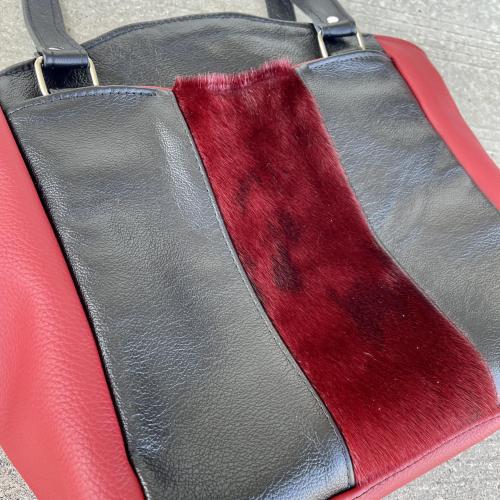 Red and black Leather Shoulder Bag with red Sealskin Accent