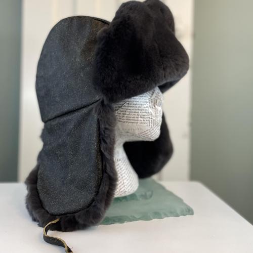 Distressed Leather and Rex Rabbit Fur Trapper Hat - Medium
