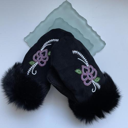 Black Suede Metis Flower Beaded Mitts - Size Large