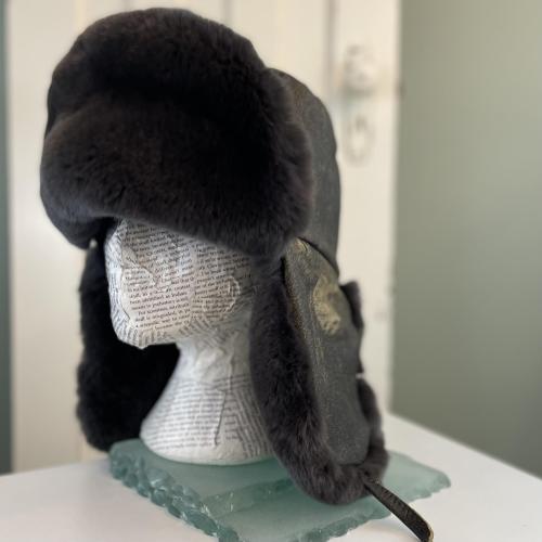 Distressed Leather and Rex Rabbit Fur Trapper Hat - Medium