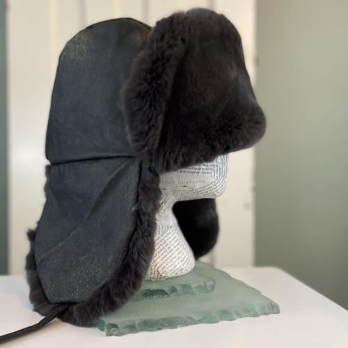 Distressed Leather and Rex Rabbit Fur Trapper Hat - Size Large