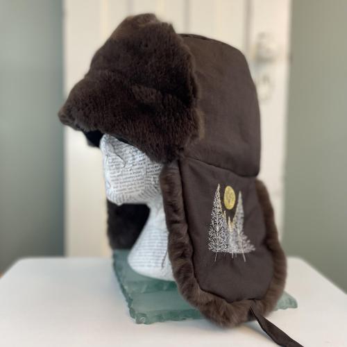 Rabbit Fur Trapper Hat with Forest Scene Embroidery - Large 