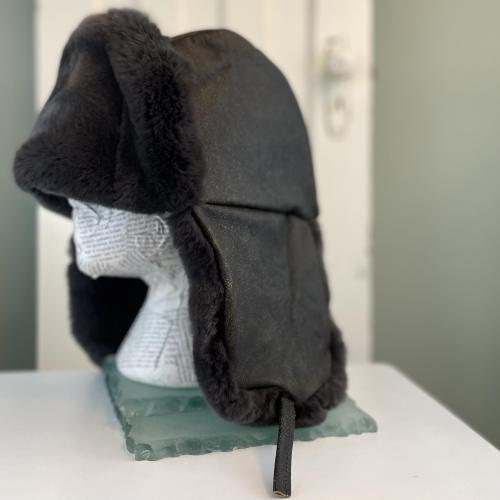 Distressed Leather and Rex Rabbit Fur Trapper Hat - Size Large