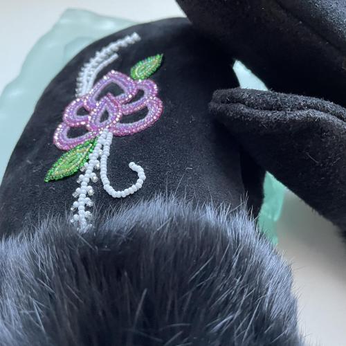 Black Suede Metis Flower Beaded Mitts - Size Large