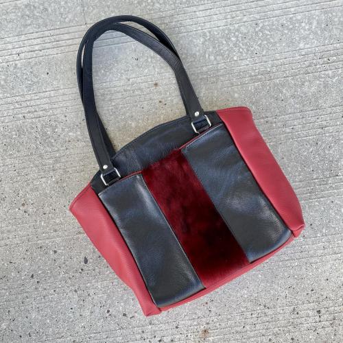 Red and black Leather Shoulder Bag with red Sealskin Accent