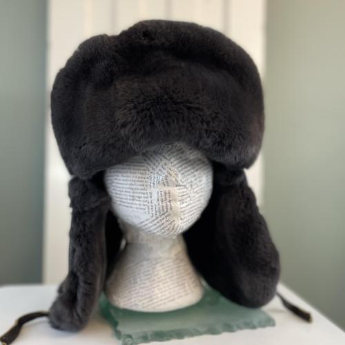 Distressed Leather and Rex Rabbit Fur Trapper Hat - Medium