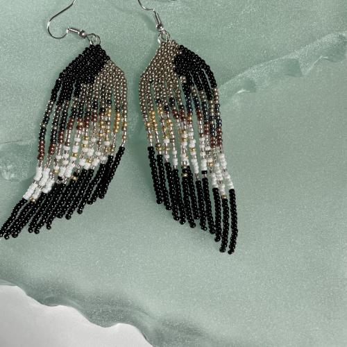 “Gold confetti” brick stitch and fringe  beaded earrings 