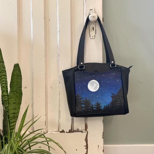 Full Moon Leather Shoulder Bag with Crystal Beaded Stars