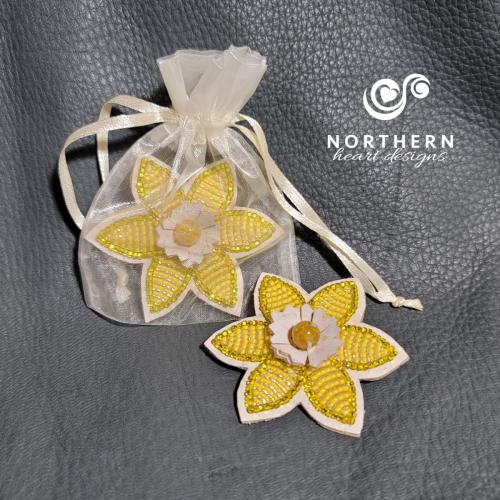 Beaded Daffodil on cork (vegan) leather with lace agate stone- Charitable Pin Campaign