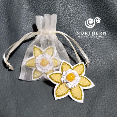 Beaded Daffodil on genuine leather with a crackle agate stone  - Charitable Pin Campaign