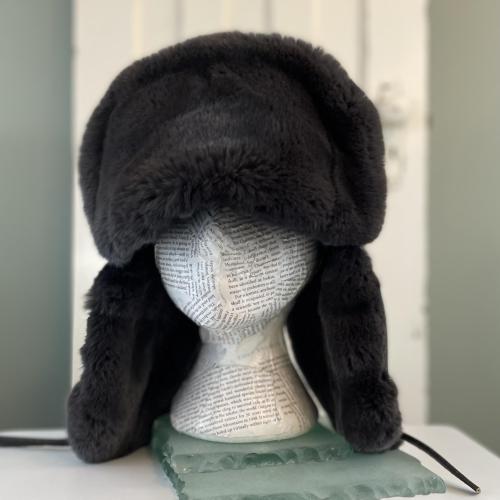 Distressed Leather and Rex Rabbit Fur Trapper Hat - Size Large