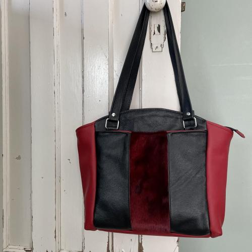 Red and black Leather Shoulder Bag with red Sealskin Accent