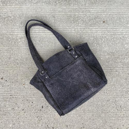 Metallic Silver and Charcoal Grey Leather Shoulder Bag with Sealskin Accent