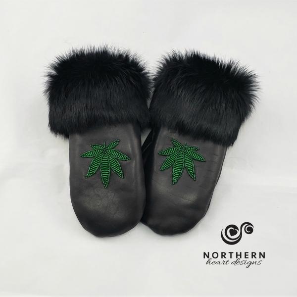 leather mitts, fur trim mitts, beaded mitts, marijuana leaf