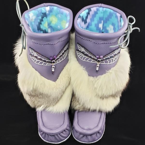 Mid-Calf Style Mukluks, Lilac colour with Dragonfly Beading, Ladies 7 (fit 6.5-7.5)