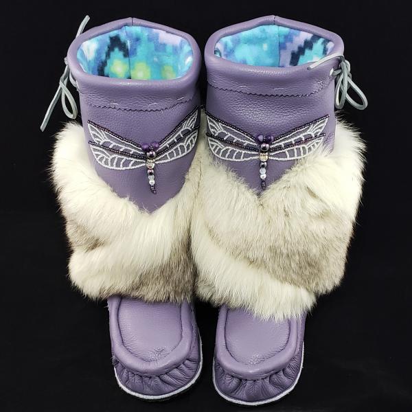 Mid-Calf Style Mukluks, Lilac colour with Dragonfly Beading, Ladies 8 (fit 7.5-8.5)