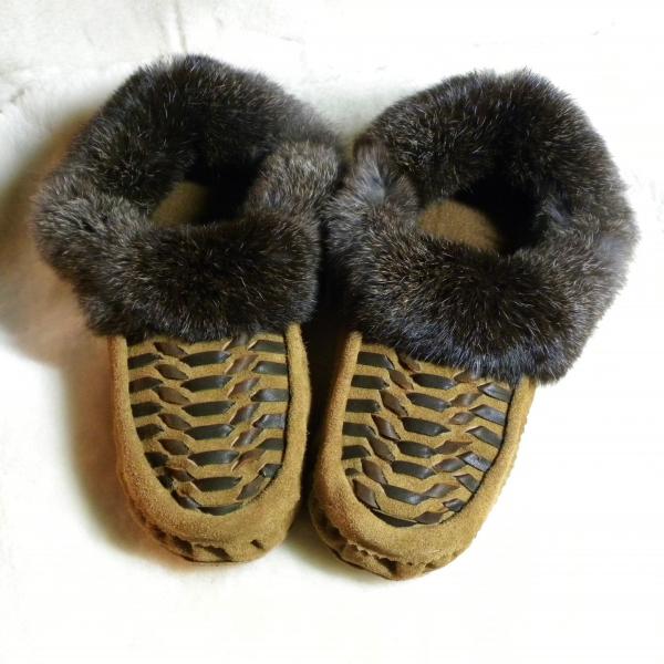 moccasins, slippers, leather weave, leather, fur